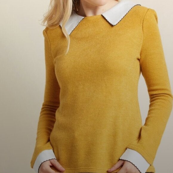 Modcloth Mustard Yellow Collared Sweater, Size L - Picture 3 of 8